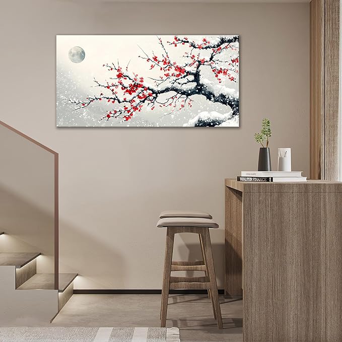 Large Flower Blossom Wall Art Snow Winter Canvas Living Room Chinese Floral Pictures Framed Prints Oversize Japanese Wall Decor Painting Artwork for Bedroom Dining 60"x30"