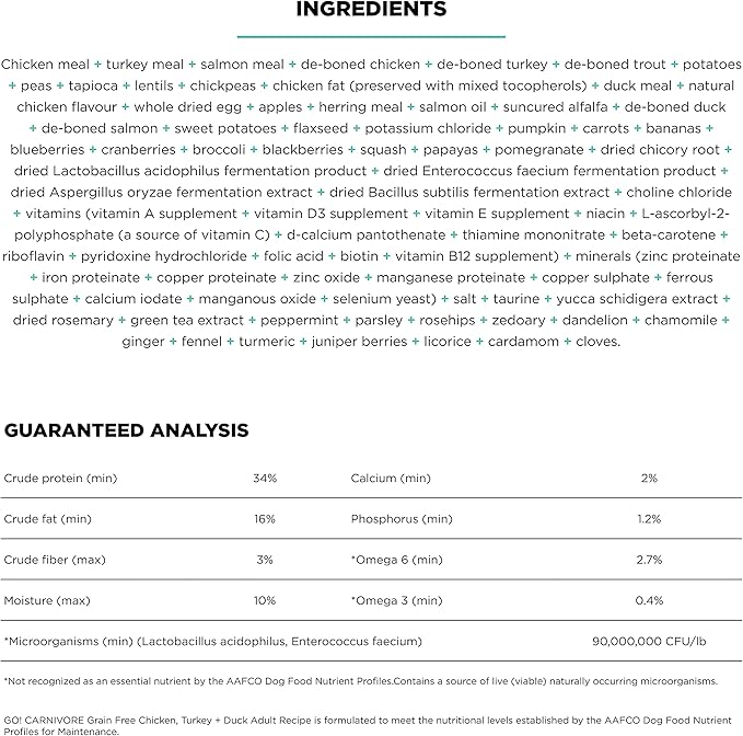 Go! Solutions Carnivore, Grain-Free, Protein Rich Dry Dog Food, Chicken, Turkey and Duck Adult Recipe, 12 lb Bag