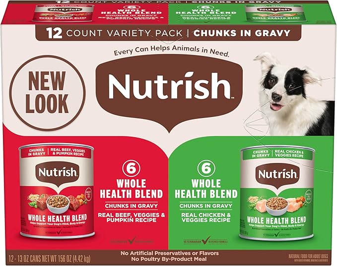 Nutrish Whole Health Blend Chunks in Gravy Variety Pack Wet Dog Food, 13 oz. Can, 12 Count (Rachael Ray)