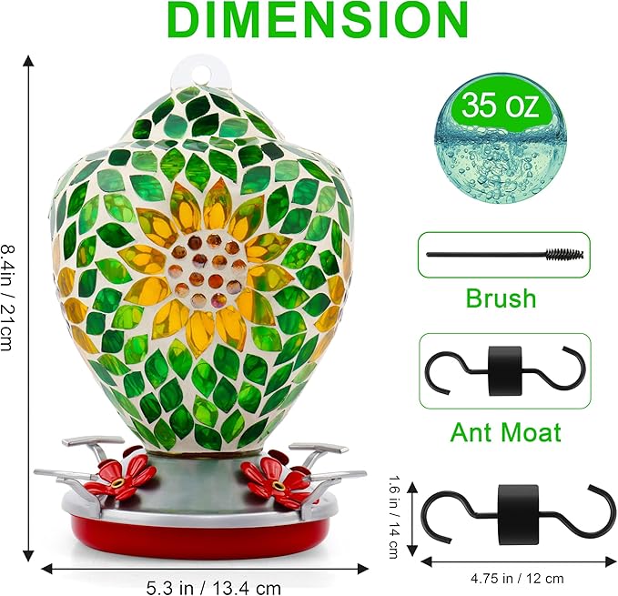 VOREEN Glass Mosaic Hummingbird Feeders, 34OZ with Ant Moat & 4 Feeding Ports, Hand Blown Glass Outdoor Hanging Bird Feeder, Porch Garden Backyard Decor, Gift for Mom Wife Friend, Sunflower Design