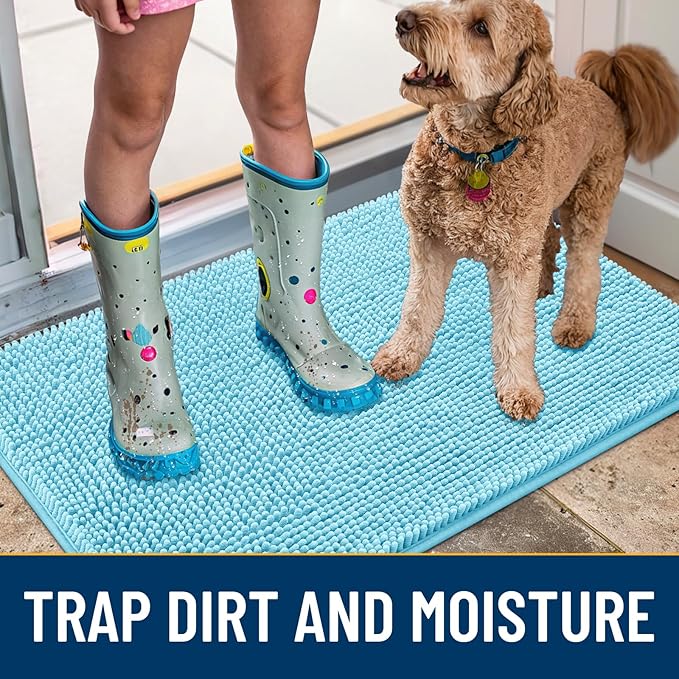 Smiry Dog Door Mat for Muddy Paws 36x24, Absorbs Moisture and Dirt Doormat, Non-Slip Washable Quick Dry Chenille Front Door Mat Indoor Entrance, Entryway Carpet for Inside Floor, Sky Blue