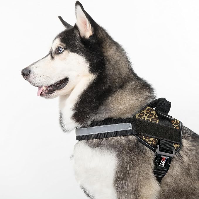 Dogline Dog Harness, Reflective No-Pull Adjustable Vest with Handle for Walking, Training, Breathable, No - Choke Harness for Small, Medium or Large Dogs Room for Patches Leopard Brown XL 33"-46"