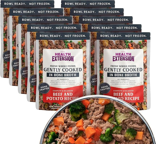 Health Extension Gently Cooked Beef & Potato Dog Food, Human-Grade and Shelf-Stable with Superfoods, Supports Digestion, Immunity, Skin & Coat, 9 oz Pouch (Pack of 10)
