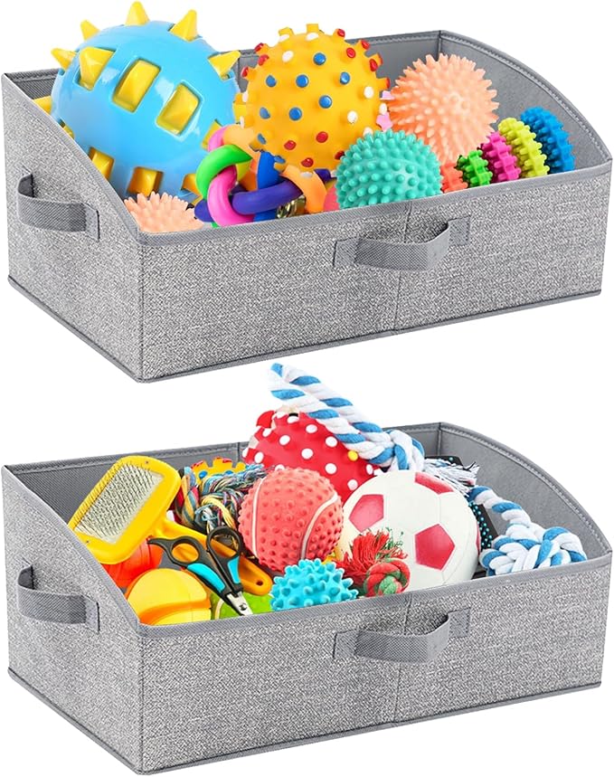 VCEPJH Dog Toy Basket Storage Box, 2 Pack Foldable Pet Toy Basket Shallow Puppy Toy Bin with Handles for Organizing Chew Toys Leashes Clothes Blankets And Accessories(Gray), TP062-2