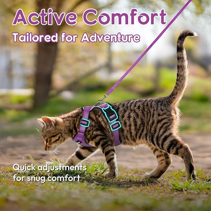 Dooradar Cat Harness and Leash Set, Escape Proof Safe Adjustable Kitten Vest Harnesses for Walking, Easy Control Soft Breathable Mesh Jacket with Reflective Strips for Cats, Purple, M