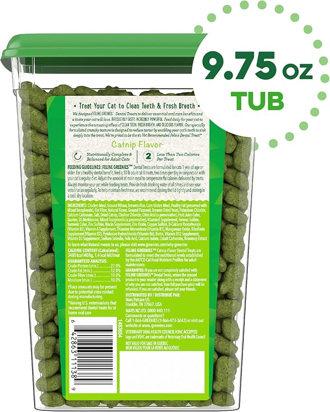 Greenies Feline Adult Dental Cat Treats, Catnip Flavor, 9.75 oz. Tub