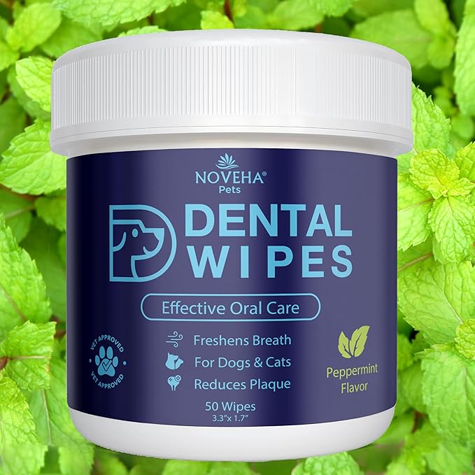 NOVEHA Pets Dental Finger Wipes for Dogs & Cats | Freshens Breath, Reduces Plaque | Healthier Gums | Clean Teeth No Toothbrush | Vet Recommended Effective Natural Oral Care (50 pcs, Mint)