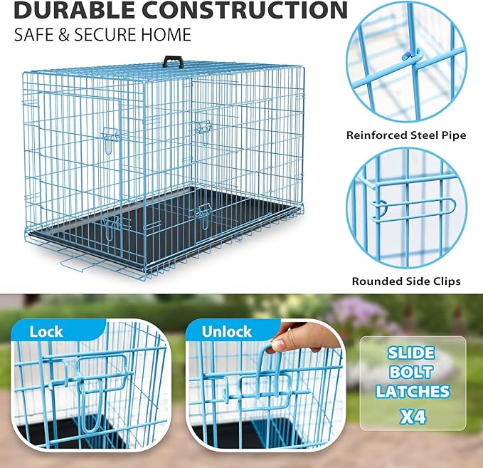 BestPet | Dog Crate | 42" | Blue | Foldable Metal Kennel with Double Doors, Secure Slide-Bolt Latches, Leakproof Tray | Portable Dog Cage for Large Breeds | for Travel, Indoor & Outdoor Use