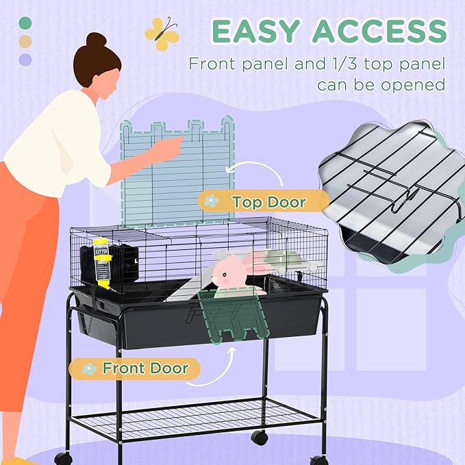 PawHut Two-Story Small Animal Cage Removable from Stand, Guinea Pig Cage with Shelf & Wheels, Pet Habitat for Hedgehog, Chinchilla, Ferret, 33" x 18.5" x 35", Black