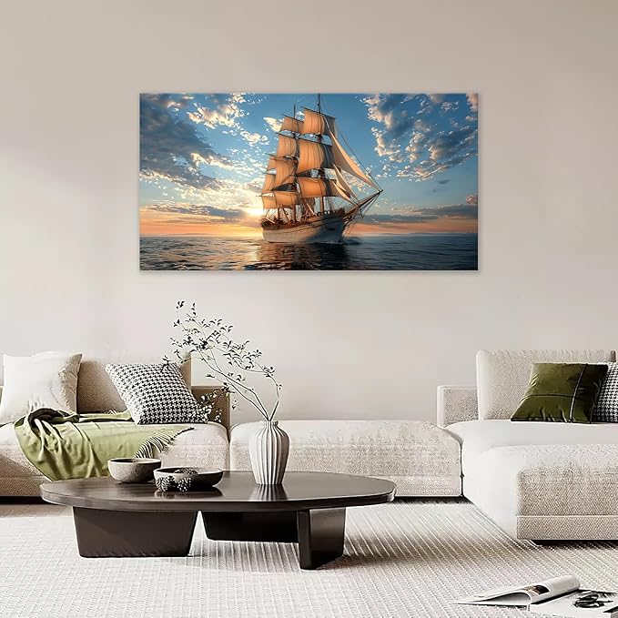 Large Nautical Ship Wall Art for Living Room Sailboat Ocean Landscape Art Big Space Size Bedroom Office Canvas Prints Pictures Painting Artwork Office Bedroom Home Decor 60"x30"