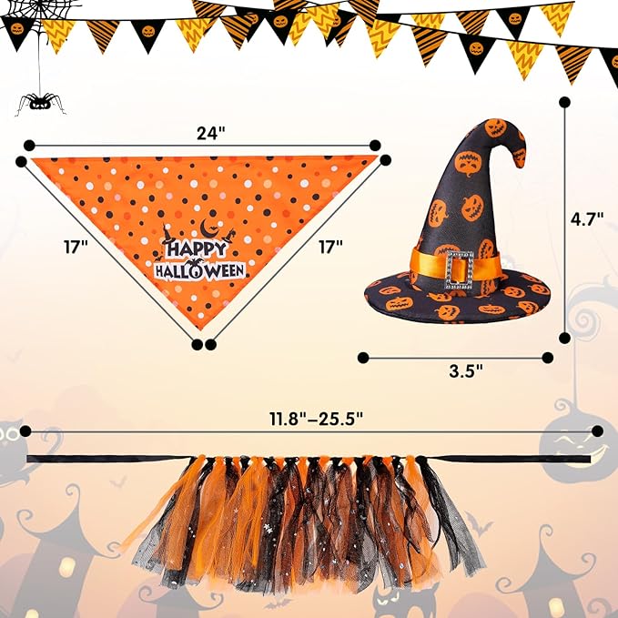 SCENEREAL Small Dog Halloween Costumes, Bandana Hat Dress Set, 3pcs Puppy Party Supplies, Soft Triangle Scarf, Cute Tutu Skirt Outfit for Girl Boy Pet