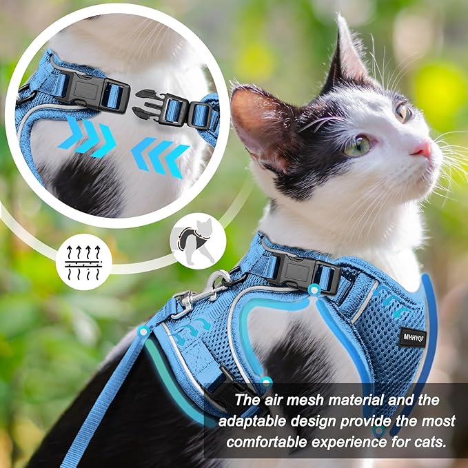 Cat Harness, Cat Car Harness and Leash for Walking, Escape Proof Soft Adjustable Vest Harnesses for Cats, Easy Control Breathable Reflective Strips Harness, Kitten Harness and Leash Set, Blue, M