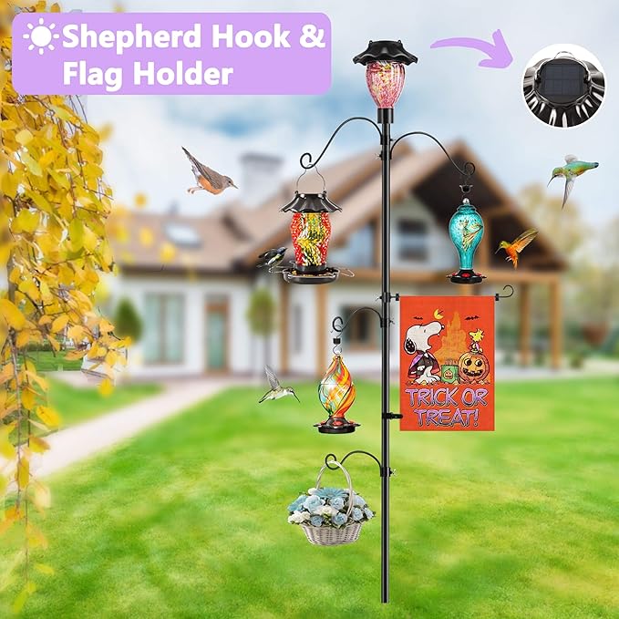 LUJII Solar Shepherds Hooks for Outdoors, Bird Feeder Pole with 4 Adjustable Hangers and 1 Flag Holder, Garden Stand for Hummingbird Feeders, Wind Chimes, Plant Baskets, Lanterns (Purple)
