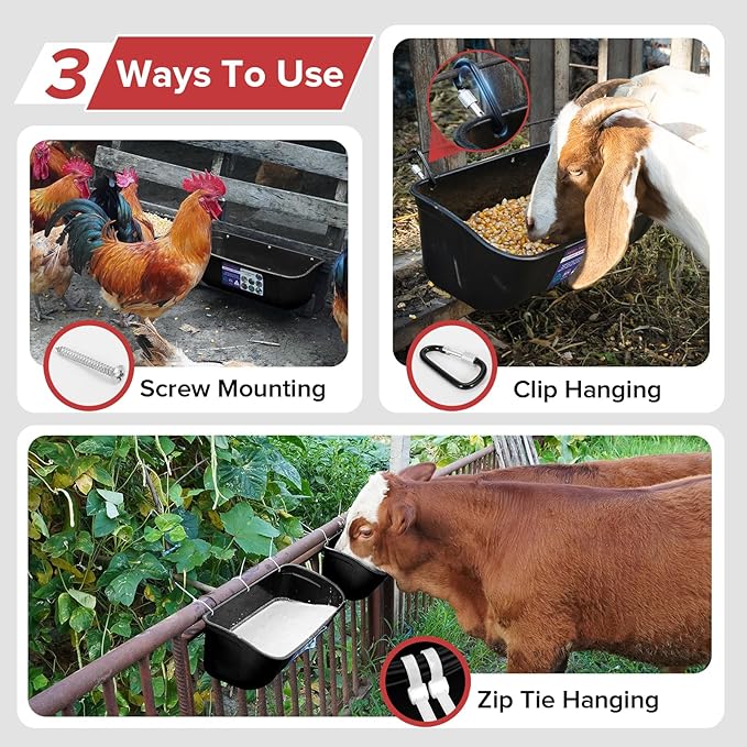 Goovilla Large Feed Trough, Hanging or Screw-in Fence Feeder with Clips, 2 Pack 9 Quart Goat Feeder Supplies, Dog Horse Hog Pig Livestock Poultry Plastic Feeder Trough Bucket for Large Animal, Black