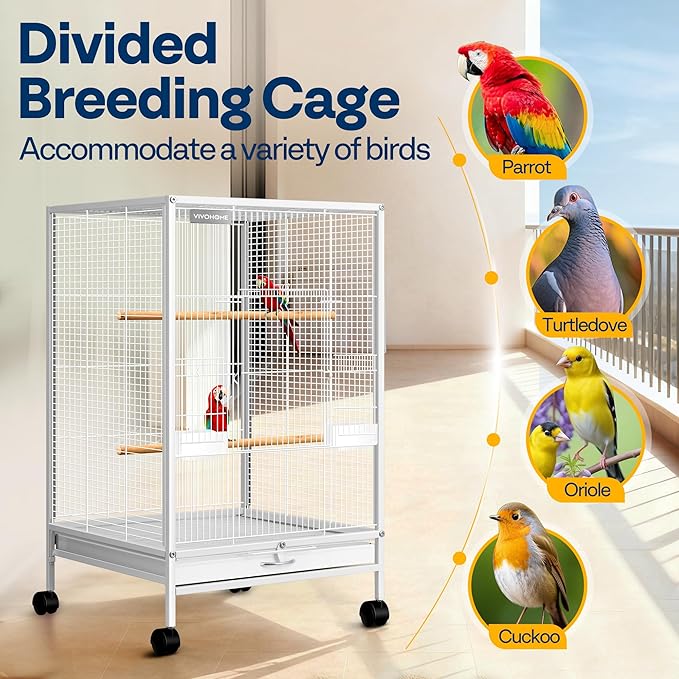 VIVOHOME 30 Inch Height Wrought Iron Bird Cage with Rolling Stand for Conures Lovebirds Cockatiels Finches, White