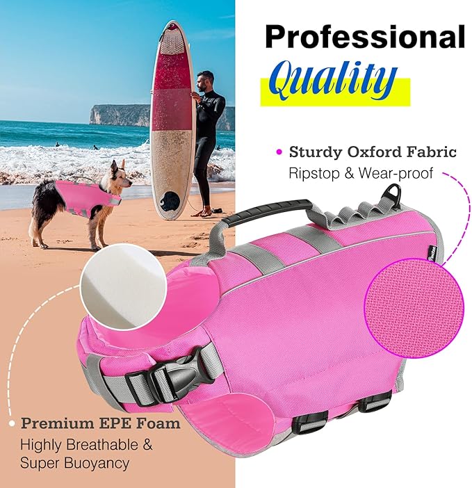Pawaboo Dog Life Jacket, Reflective Dog Safety Vest Adjustable Pet Life Preserver with Strong Buoyancy & Sturdy Rescue Handle, Ripstop Dog Lifesaver Vests for Swimming, Boating, L, Pink