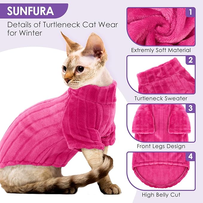 SUNFURA Sweaters for Cats, Hairless Sphynx Sweater Kitten Pullover with Sleeves, Warm and Soft Cat Pajamas Fleece Sweatshirt Jumpsuit, Turtleneck Clothes for Fall Winter, Hot Pink S