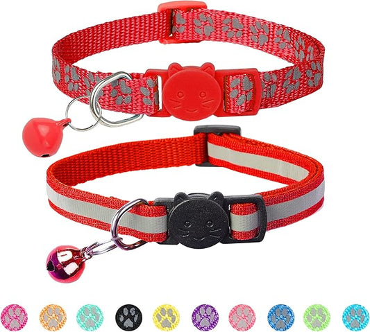 BANMODER 2 Pack Reflective Cat Collar Breakaway with Bell,Personalized Kitten Collars,Adjustable Safety Buckle Collar for Male Cats Girls & Boys (Red)