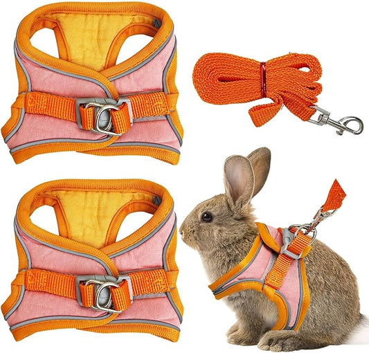 PINVNBY 2 Pack Bunny Hsrness and Leash Set Adjustable Rabbit Harness with Reflective Strips Double Buckle Pet Vest Eescape Proof for Small Rabbit Kitten Puppy Walks Accessories (Orange Pink, M)