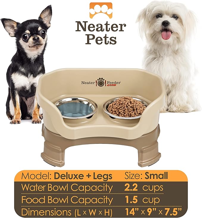 Neater Feeder Deluxe Mess Proof Dog Bowls Elevated for Small Breeds – Made in USA – No Spill Raised Dog Food Bowl Stand w/Leg Extensions – Stainless Steel Dog Food and Water Bowl Set – Beige