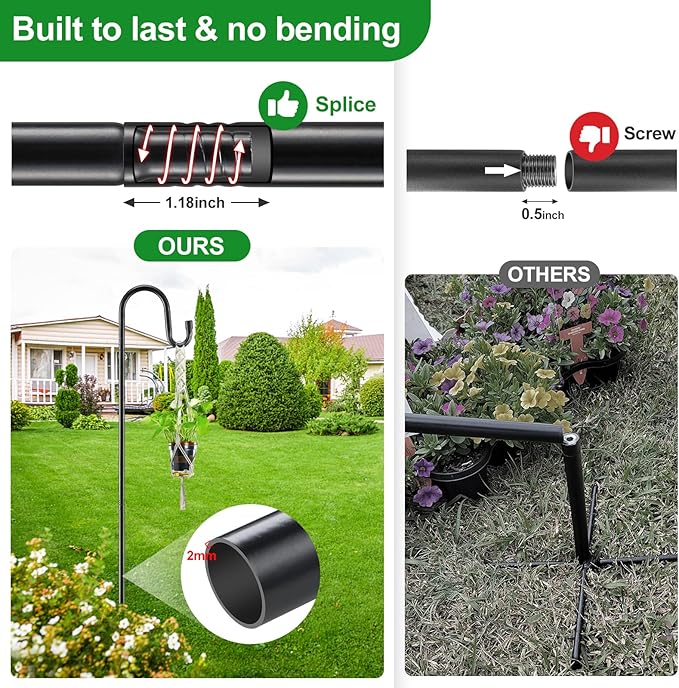 Hummingbird Feeder Pole - 62" Heavy Duty Bird Feeders Stand with Adjustable Anti-Tip Stake, Rustproof Shepards Hook with Hanger for Wind Chimes, Lanterns, Wreaths, Birdfeeders - Black