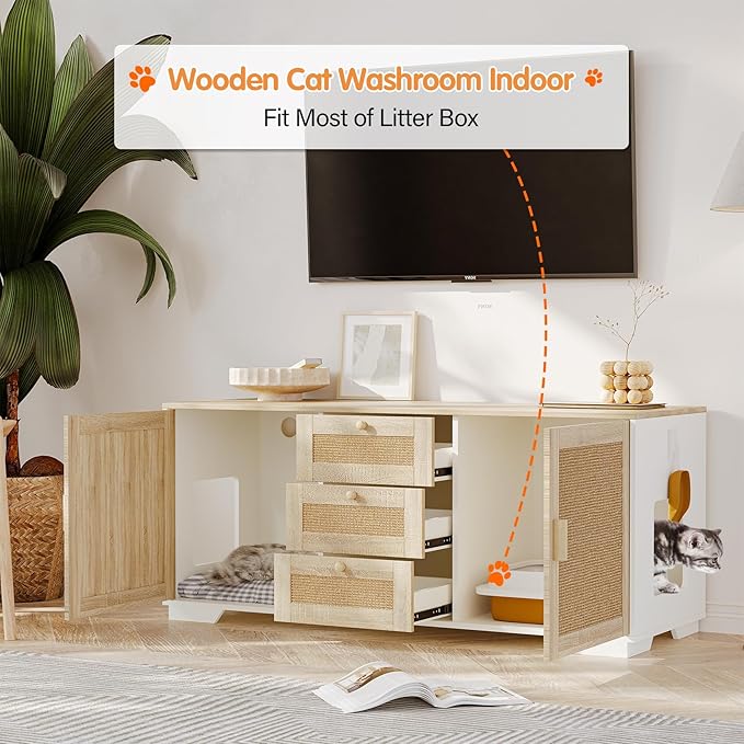 Cat Litter Box Enclosure Furniture Hidden Indoor 2-in-1 Wooden Cat & Washroom Cabinet with Scratching Board Doors and 3 Drawer for 2 Cats, 55"x20"x24"H