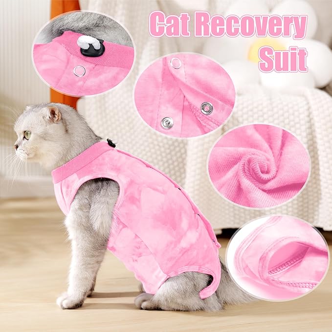 Cat Recovery Suit for Male and Female Surgical Post Surgery Soft Cone Onesie Tie Dye Cats Shirt Clothes Neuter Licking Protective Diapers Outfit Cover Kitten Spay Collar Alternative(Pink, M)