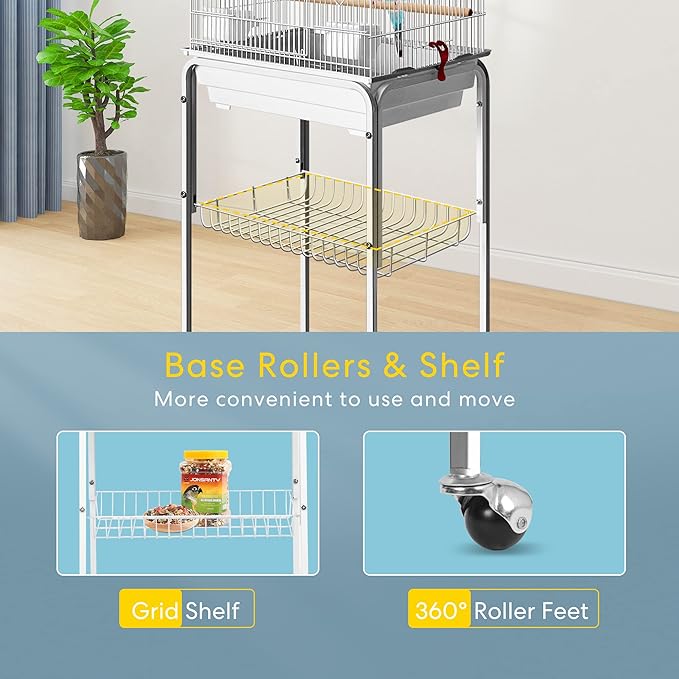 VIVOHOME 64 Inch Bird Cage with Play Top and Rolling Stand for Parrots Conures Lovebird Cockatiel Parakeets White