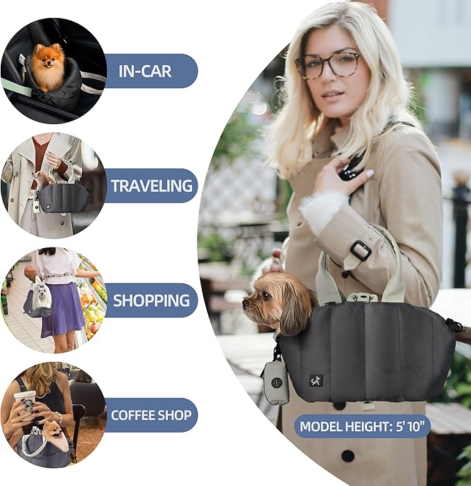 Sytopia Small Dog Carrier Purse, Portable Pet Carrier Tote Carrier with Pockets, Adjustable Safety Leash, Waterproof Dog Travel Bag, Travel Pets Purse up to 4 Lbs, Dark Grey