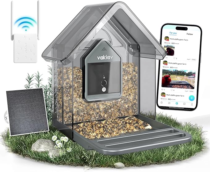 Solar Smart Bird Feeder with Camera,Stable Link via Signal Transmitter (Plug to Router),One-Step QR Scan,Elderly-Friendly,AI Bird ID,2K HD Live Video & 5MP Photos,Instant Arrival Alerts