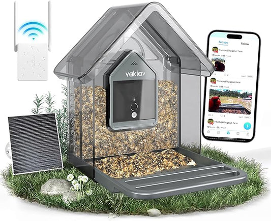 Solar Smart Bird Feeder with Camera,Stable Link via Signal Transmitter (Plug to Router),One-Step QR Scan,Elderly-Friendly,AI Bird ID,2K HD Live Video & 5MP Photos,Instant Arrival Alerts
