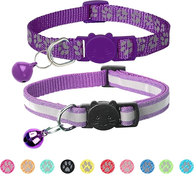 BANMODER 2 Pack Reflective Cat Collar Breakaway with Bell,Personalized Kitten Collars,Adjustable Safety Buckle Collar for Male Cats Girls & Boys (Purple)