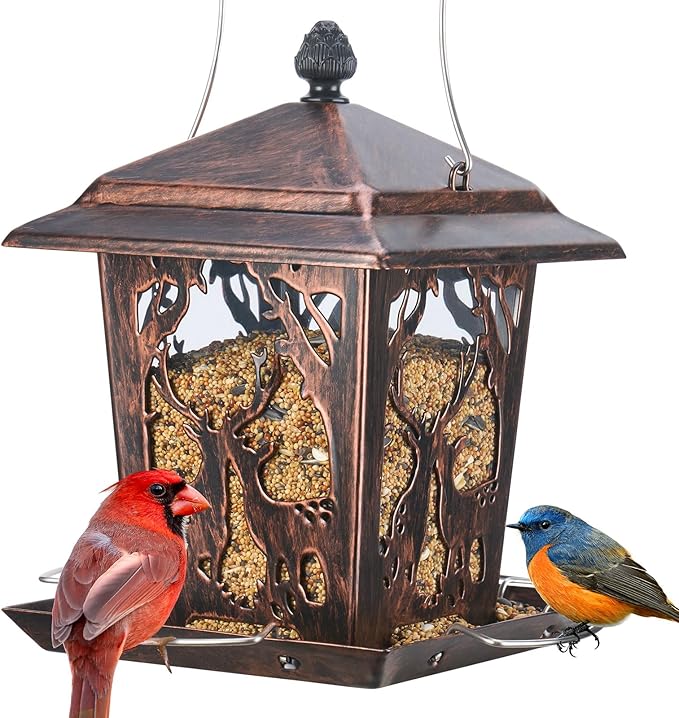 Kingsyard Metal Bird Feeder for Outdoor Hanging - Unique Design Wild Bird Hopper Feeder with 4 Perches and Rainproof Roof, Antique Copper