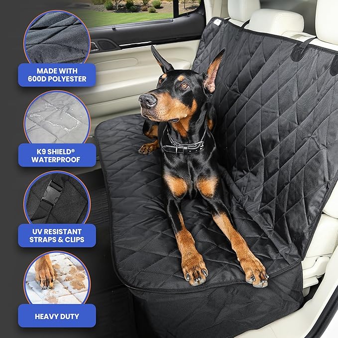 4Knines Back Seat Pet Cover for Dogs w/o Hammock – 54" Wide, Waterproof Car Seat Cover, Non-Slip, Heavy-Duty – Fits Cars, SUVs, Small Trucks – 2 Seat Belt & Latch Access – Back Seat Protector (Grey)