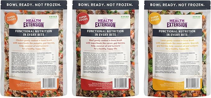 Health Extension Gently Cooked Dog Food Variety Pack – Chicken & Pumpkin, Beef & Potato, Lamb & Carrot – 9 oz Each – Human-Grade Superfood Meals for Digestion, Immunity & Coat Health (Pack of 3)
