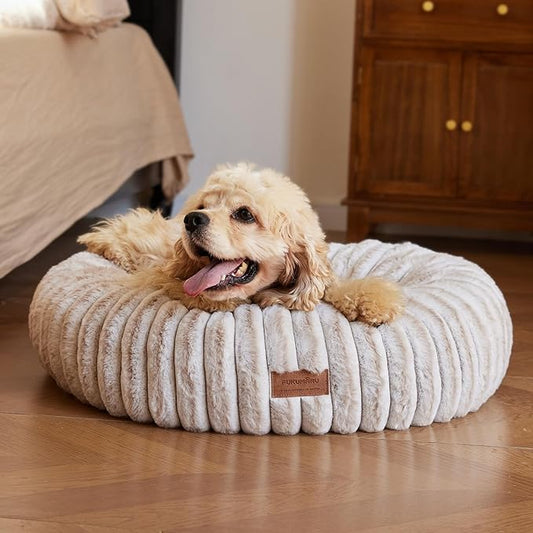 FUKUMARU Dog Bed, Calming Donut Dog Beds for Anxious Puppies, Modern Aesthetic Cat Bed with Gradient Print, Cute Round Pet Beds with Washable Cover, Orthopedic Puppy Bed, Camel, Small, 25 inches