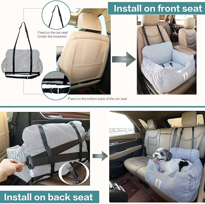 Dog Car Seat for Small Dogs,Fully Detachable and Washable Puppy Dog Booster Seats with Storage Pockets and Clip-On Safety Leash,Non-Slip Base Dog Bed Dual-use for Car and Home (Black)
