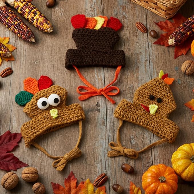 3 Pcs Knitted Turkey Cat Costumes Cat Dog Thanksgiving Turkey Hat Small Kitten Dog Pet Costumes Knitted Cap Thanksgiving Apparel Cosplay Accessory Headwear (Adorable)