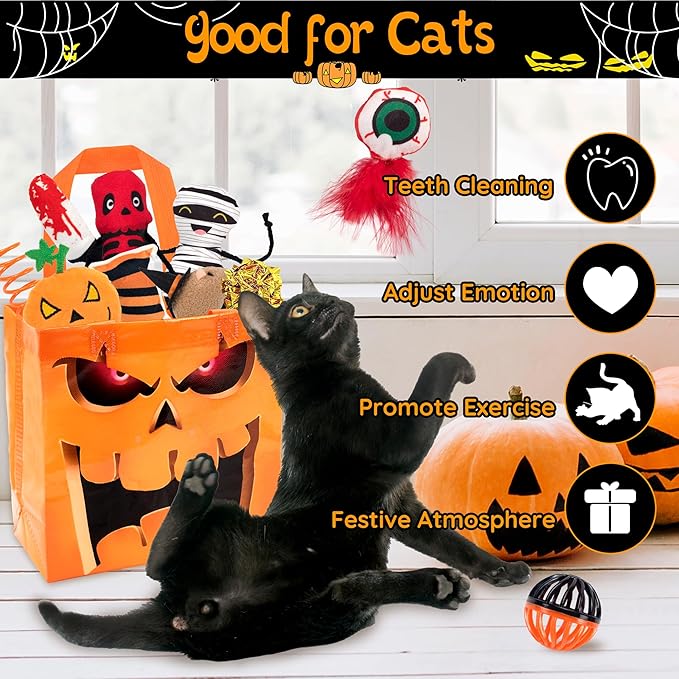 12pcs Halloween Cat Toys w/Bat Wings Costume & Organized Bag Set, Various Plush Cat Catnip Toys for Indoor Cats Kitten Teething Chewing Halloween Play