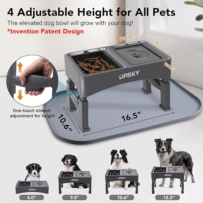 UPSKY 3-in-1 Elevated Dog Bowls with Mat, Large 24 x 16 Inches, 4 Height Adjustable Stand with Slow Feeder, Stainless Steel Bowl for Small to Medium Dogs, Grey