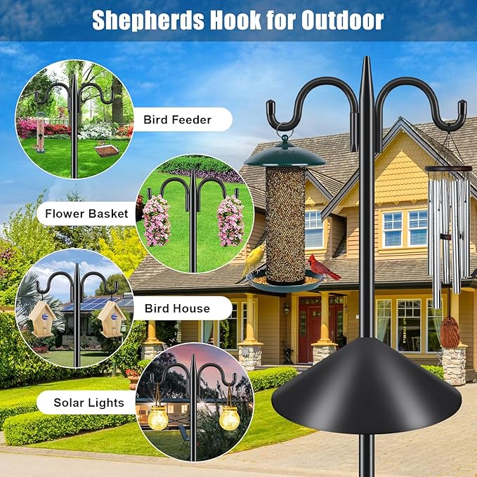 Gtongoko Bird Feeder Pole Squirrel Proof, 108 Inch Double Shepherds Hook for Outdoor with Squirrel Baffles Adjustable Heavy Duty with 5 Prongs Base for Hanging Plants, Bird Feeders, Black