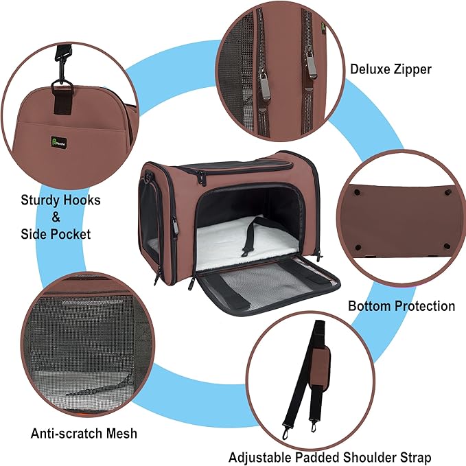 Soft Sided Carrier for Small Medium Cats Dogs,TSA Airline Approved Collapsible Travel Pet Carrier (Medium, Brown)