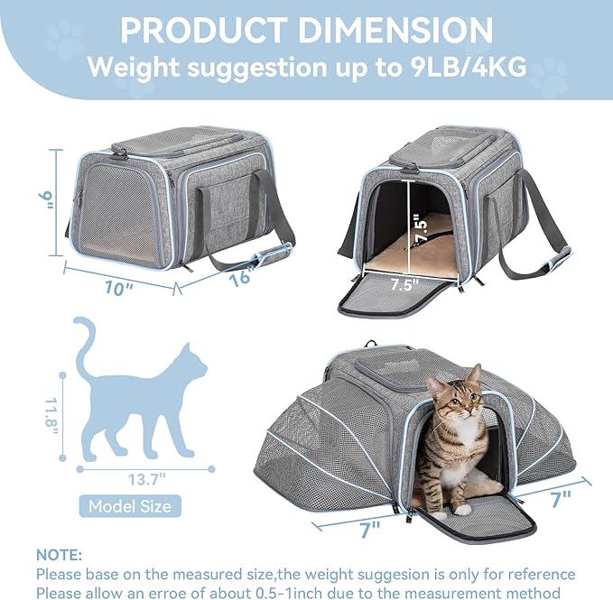Petsfit Expandable Small Cat Carriers Dog Carrier, Airline Approved Soft-Sided Portable Washable Pet Travel Carrier with Two Extension Up to 9LB