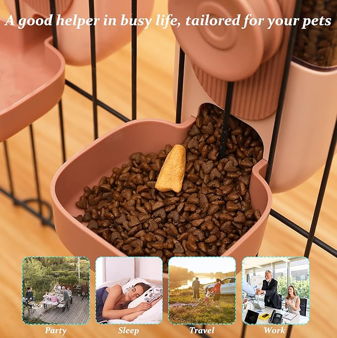 Kenond 35oz Hanging Automatic Pet Food Water Dispenser, Auto Gravity Pet Feeder and Waterer Set, Cage Cat Food Bowl Dog Feeding Station for Puppy and Kitten Rabbit Chinchilla Hedgehog Ferret (Pink)