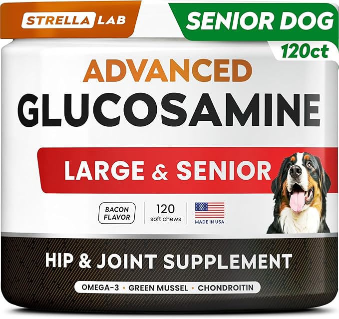 STRELLALAB Senior Advanced Glucosamine Joint Supplement for Dogs - Green Lipped Mussel & Collagen - Large Breeds - Hip & Joint Health - Bacon Flavor - 120 Chews