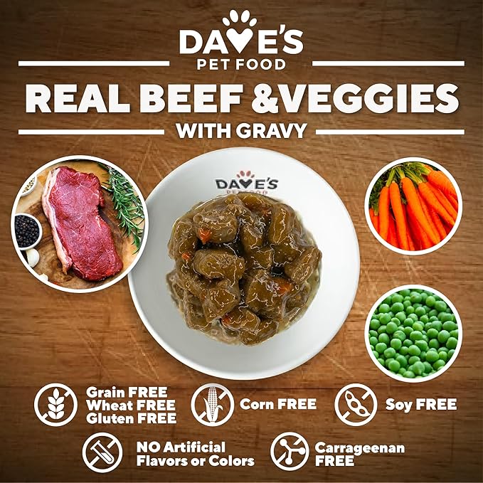 Dave's Pet Food Stewlicious Grain Free Wet Dog Food (Beef & Vegetable in Gravy), Made in USA Naturally Healthy Canned Gluten Free Dog Topper, 13.2 oz (12 Pack)