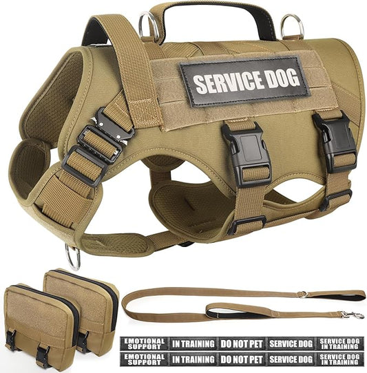 WINSEE Tactical Dog Harness with Dog Leash, Service Working MOLLE Vest with 10 Pet Patches for Medium Dog, No Pull Military Harness and Backpack for Training Hunting Walking