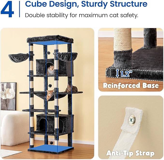 MWPO Extra Large Cat Tree, 77.6-Inch Tall Cat Tower for Indoor Cats with 2 Condos, Multi-Level Cat Stand for Large Cats, 3 Hammocks, Wide Perch, Scratching Posts, Dangling Toys, Smoky Grey