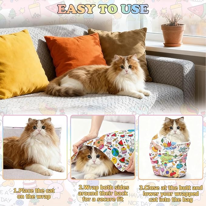 27.6" Cat Grooming Wrap for Nail Clipping Cat Swaddle Wrap (Within 15lbs) for Cutting Nails Cloth for Pet Cleaning Multifunctional Pet Tool|Utility Storage Bag|Self-Adhesive Travel Blanket