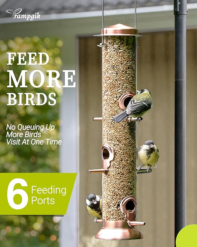 Bird Feeders for Outdoors,15 Inch 6 Ports Squirrel Proof Bird Feefers,Finch Feeder for Outside,Chew-Proof Metal Hanging Bird Feeder,Rust-Proof,Easy to Refill & Clean,Copper,Pack of 1